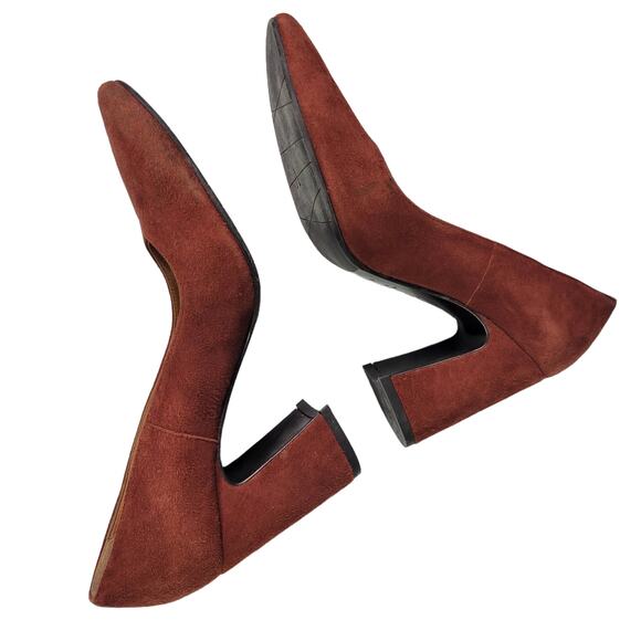 Aquatalia Neely Suede Heels Brown Leather Block Almond Semi Pointed Toe Italy 7 - Picture 6 of 14